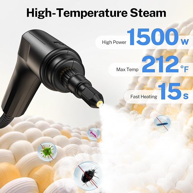 ODSD Steam Cleaner for Home & Car, 3-Level Adjustable Steamer for Cleaning, 15s Heat-Up & 1.6L Large Tank, Handheld Steam Cleaner for Car Detailing, Home, Tile, Grout,Furniture with 15pcs Accessories