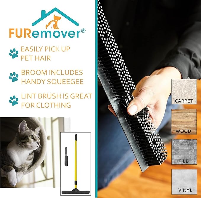 FURemover Original Pet Hair Rubber Broom with Squeegee, with 58” Telescopic Handle for Carpet, Tile and Hardwood and Handheld Lint Brush Combo