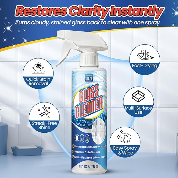 Glass Cleaner Spray 200ml (7oz) with Microfiber Towel - Streak Free for Windows, Mirrors & Shower Doors - No Residue, Fast Drying, Multi-Surface Safe