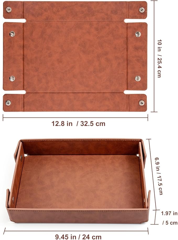 BONNY DODO Valet Tray for Men PU Leather Tray Organizer with Partition, Storage Keys, Watch & Practical Storage for Table Nightstand Living Room Bedroom (Dark Brown2)
