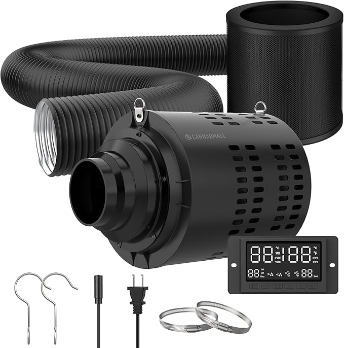 Inline Duct Fan Kit with Temperature Humidity Controller, 6 Inch EC-Motor Exhaust Fan with Built-in Carbon Filter&Flexible Air Ducting, 4 Inch Ventilation System for Grow Tent, Hydroponics