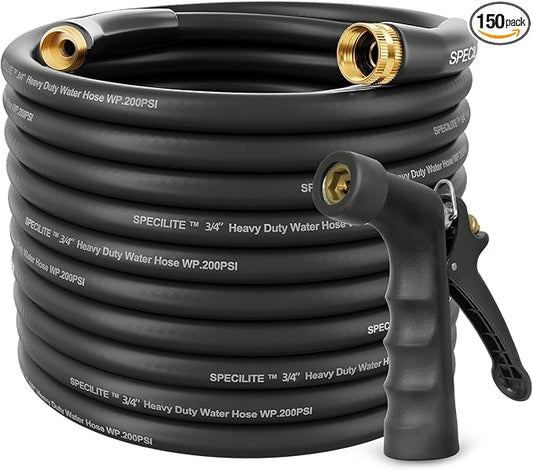 SPECILITE 3/4" Hot/Cold Garden Hose 150 ft with Industrial High Pressure Nozzle, Flexible & Lightweight, 600psi Burst Rubber Water hose -50℉-158℉ With 3/4" Brass Fittings for Yard, Black