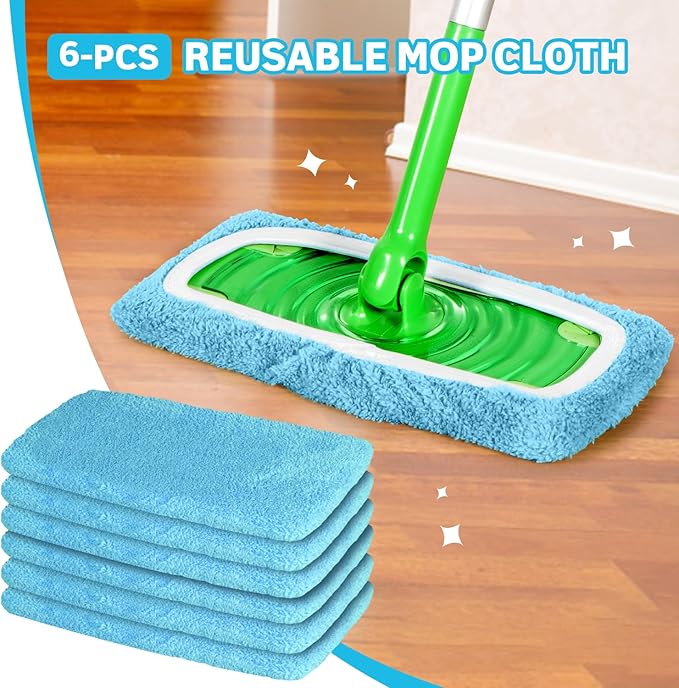 Reusable Mop Pads Compatible with Swiffer Sweeper Mop, Microfiber Mop Pads for Wet & Dry Use, Swiffer Reusable Mop Pad Refill for Floor Cleaning, 6 Pack Blue