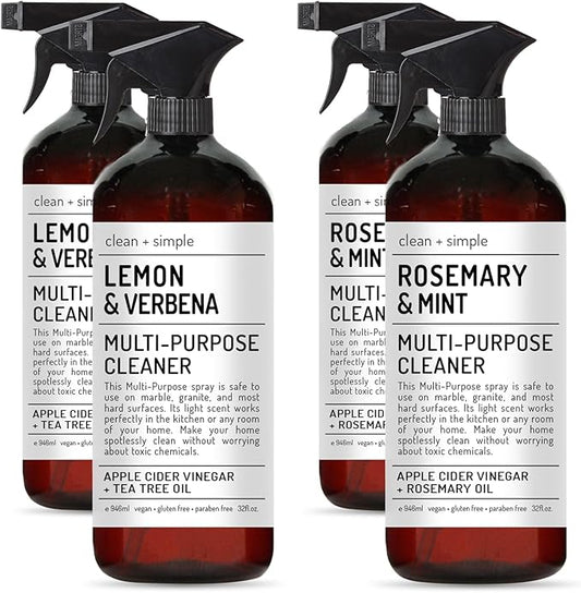 Clean + Simple Multi Purpose Cleaners | With Apple Cider Vineager, Rosemary, And Tea Tree Oil | Set of 4 32oz bottles | Home and Body Company