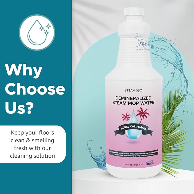 Steam & Go Deminerilized Water - Multi-Surface Cleaner for Steam Cleaners, Hardwood Floors, Kitchens, & Bathrooms - Germ-Killing Formula - Hotel California Scent - 32 Ounces (Pack of 18)