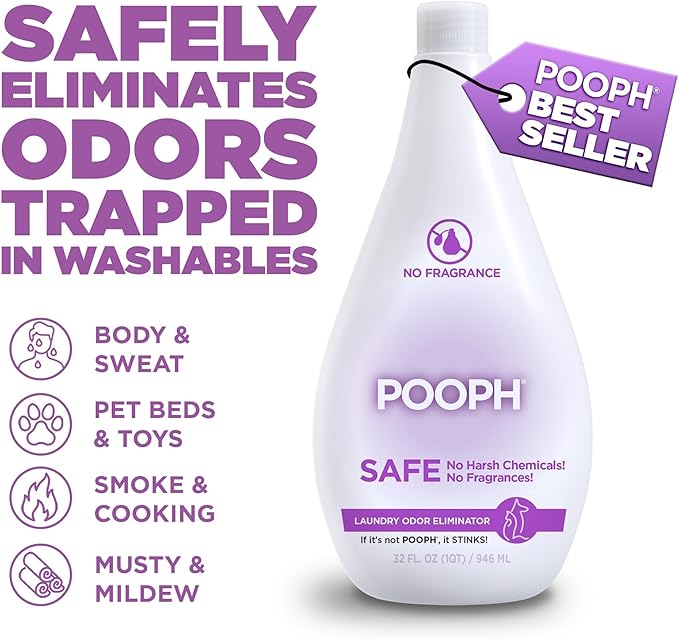 Pooph Laundry Additive, 32oz, 2-Pack (32 Loads) - Dismantles Odors on a Molecular Basis, Dogs, Cats, Freshener, Eliminator, Urine, Poop, Pee, Deodorizer, Natures, Puppy, Fresh, Clean, Furniture, Potty