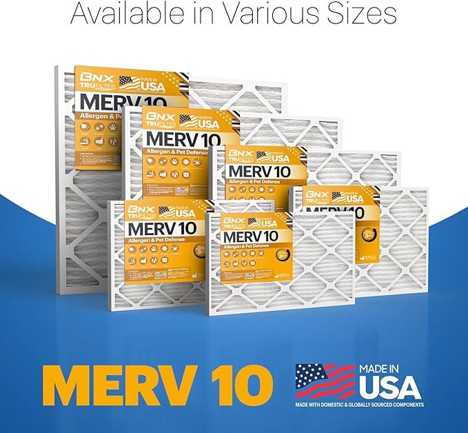 BNX TruFilter 12x12x1 MERV 10 (2-Pack) AC Furnace Air Filter - MADE IN USA - Pleated Air Conditioner HVAC AC Furnace Filters - Removes Odor, Mold, Bacteria, Smoke