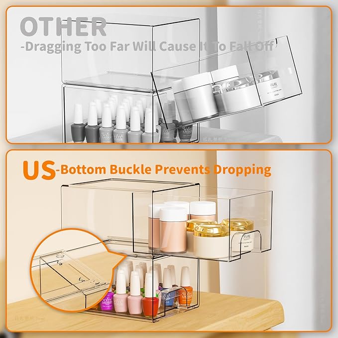 Yieach 6 Pack Small Stackable Storage Drawers,4.4 Inch Tall Stacking Acrylic Clear Storage Bins for Bathroom Vanity,Undersink,Pull Out Drawer Organizers for Beauty,Makeup,Medicine Cabinet Organizers