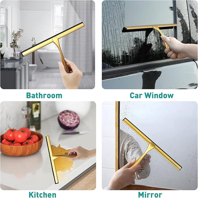 Shower Squeegee for Glass Doors,10-Inch Shower Glass Squeegee, Gold Shower Squeegee for Shower Doors,Mirror,Windows, with Shower Door Hook and Adhesive Hook
