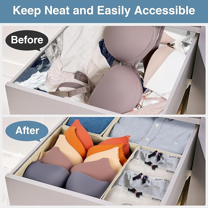 Criusia Drawer Organizer Clothes, 24 Pack Underwear Drawer Organizers, Foldable Closet Organizers and Storage Dresser Drawer Dividers Clothing Organizer for Clothes, Socks, Scarves, Bra, Ties (Beige)