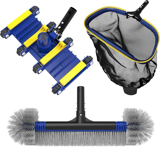 Poolvio Upgraded Pool Cleaning Kit – Weighted Vacuum Head with Wheels, 2-in-1 Pool Brush & Skimmer Net for Easy Debris Removal (No Pole)