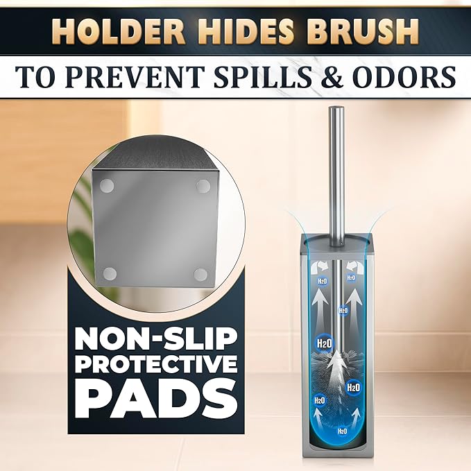 Silver Toilet Brush and Holder Set Stainless Steel – Square Design Toilet Bowl Brush and Holder, Rust, Corrosion & Scratch Resistant with Splash Protection, for Efficient Cleaning and Neat Storage