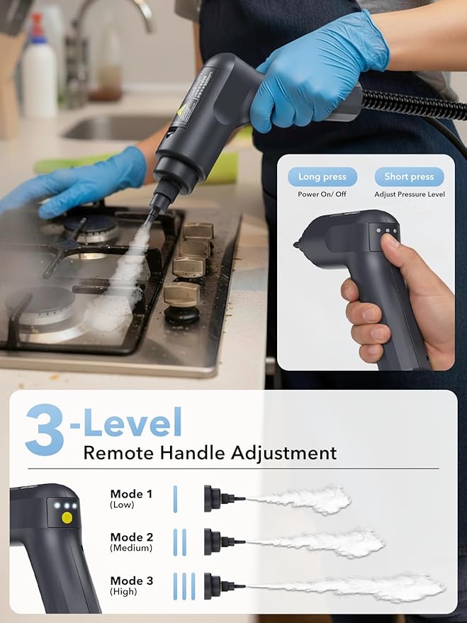 Steam Cleaner 3-Level Adjustable Steamer for Cleaning, 15s Heat-Up, 1.69 Quarts Tank, High Pressure Steamer with 17 pcs Accessories for Kitchen, Bathroom, Grout, Car, Grease, Floor