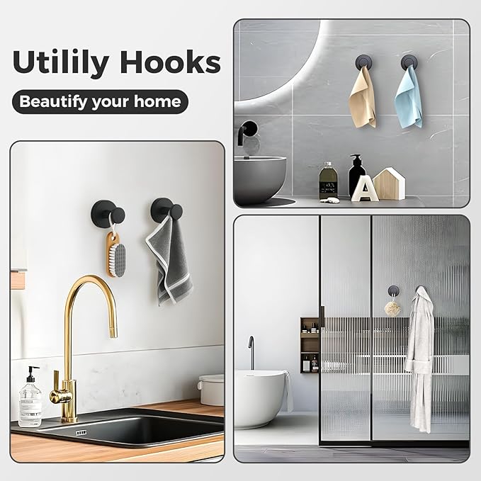 Shower Hooks for Inside Shower,Large Suction Cup Hooks for Glass Window,Removable Towel Hooks for Bathrooms,4 Packs(Black)
