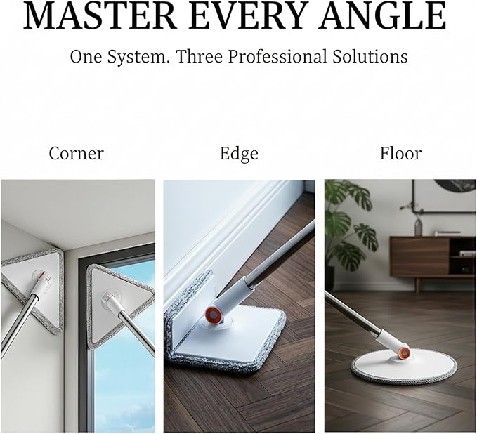 3-in-1 Precision Spin Mop & Bucket System, 71” Extra-Long Handle, Clean-Water Separation, 3 Specialized Heads for Baseboards & Corners, Compact for Hardwood & Micro-Porous Floors