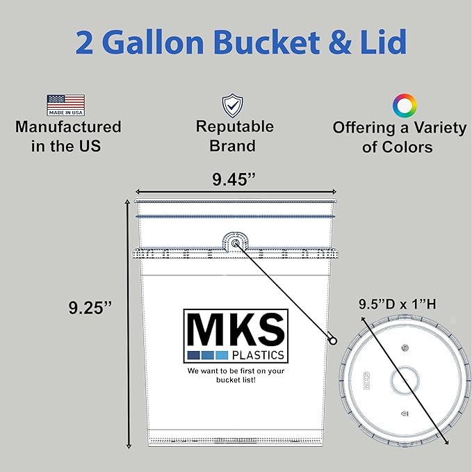 2-Gallon Bucket with Airtight Lid – Heavy-Duty Extra Durable Pail – Made in USA – Premium Quality HDPE – Food Grade – BPA Free – Metal Handle with Plastic Grip – Stackable – Multi-Use – White, 1 Pack