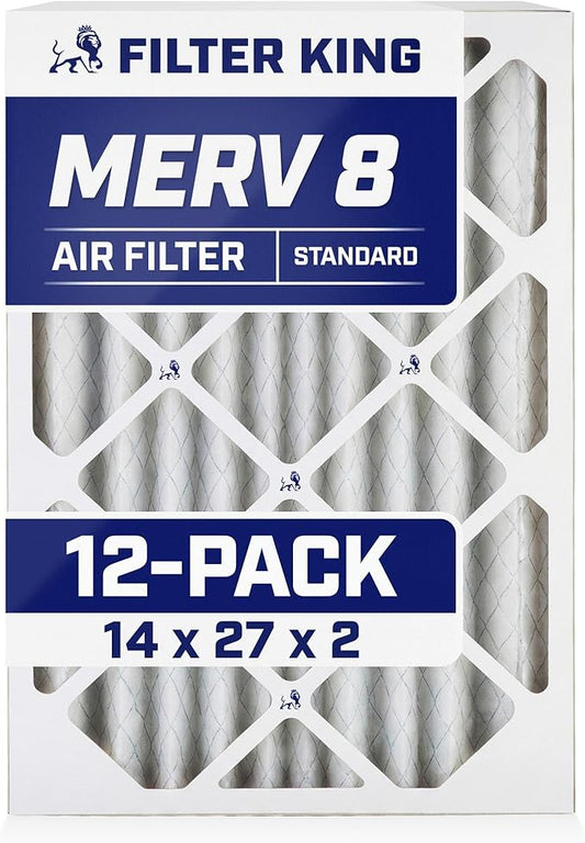 Filter King 14x27x2 Air Filter | 12-PACK | MERV 8 HVAC Pleated A/C Furnace Filters | MADE IN USA | Actual Size: 14 x 27 x 1.75"