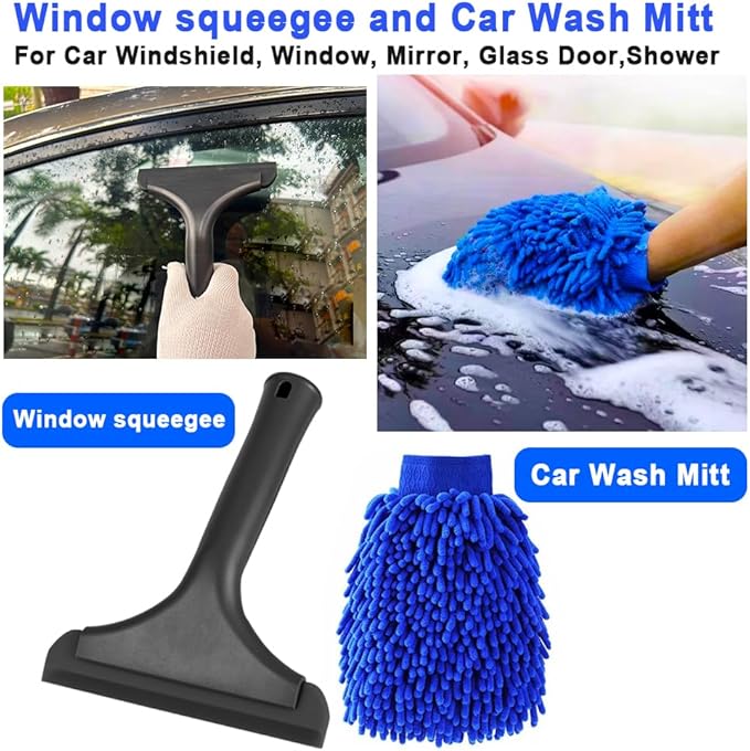 Window Tint Tool Small 6" Silicone Handy Cleaning Squeegee and Car Wash Mitt Chenille Microfiber Super Absorbent for Car Windshield, Window, Mirror, Glass Door,Shower(Black and Blue)