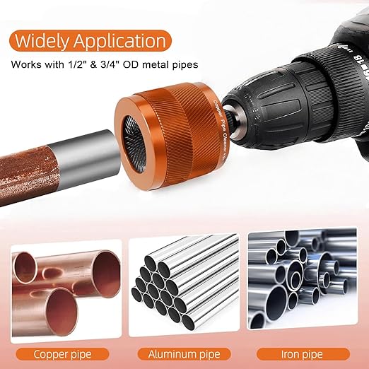 1/2" & 3/4" Copper Pipe Cleaner Set for Drill, with 1/4" Hex Shank & 6 Brush Blades & 4 Stainless Steel Wire Bore Brush Plumbing Tools for Removing Rust, Stains & Paint from Copper & Metal Pipes