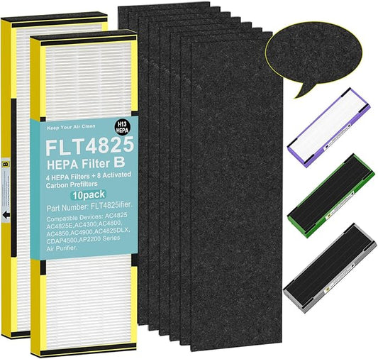Upgraded FLT4825 HEPA Filter B Replacement for GermGuardian AC4825E AC4300 AC4900 | 2 True H13 HEPA Filters + 8 Carbon Pre-Filters | 99.97% Allergen Removal, Easy Install, Multi-Room Use