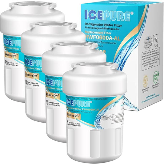 ICEPURE Alkaline RWF0600A-AL Refrigerator Water Filter Replacement for GE MWF, MWFA, MWFINT, MWFP, GWF, 46-9991, Kenmore® 9991, WFC1201, GSE25GSHECSS, GSH25JSDDSS, GSHS6LGBBHSS, Enhances PH, 4Pack