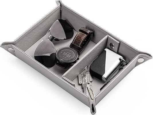 BONNY DODO Valet Tray for Men PU Leather Tray Organizer with Partition, Storage Keys, Watch & Practical Storage for Table Nightstand Living Room Bedroom (Gray)