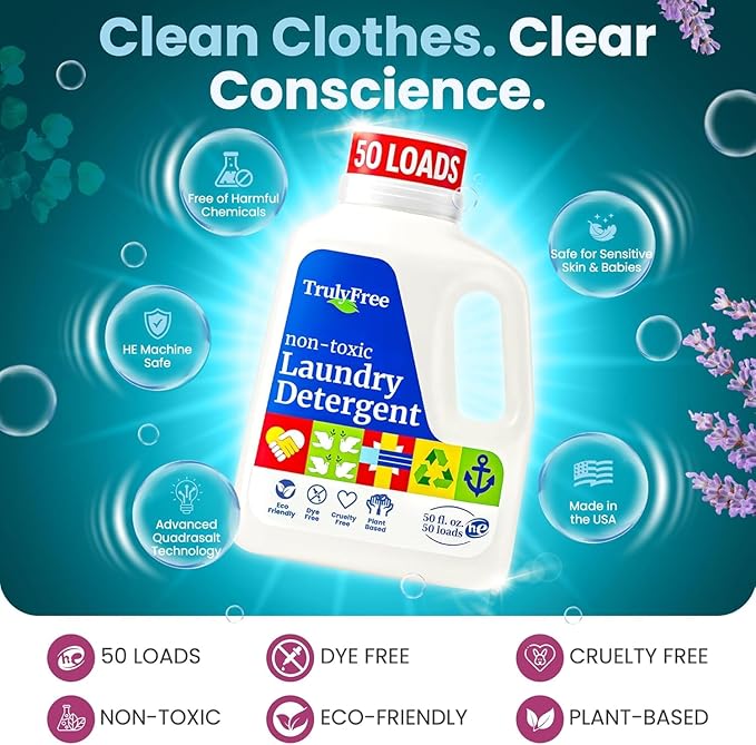 Truly Free Natural Laundry Detergent for Sensitive Skin | Eco Friendly, Plant Based, Baby Clothes Safe | Clean & Easy Powder to Liquid, 3 Pack Detergent + 1 Refillable Jug | Signature Scent 150 Loads