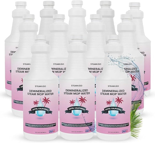 Steam & Go Deminerilized Water - Multi-Surface Cleaner for Steam Cleaners, Hardwood Floors, Kitchens, & Bathrooms - Germ-Killing Formula - Hotel California Scent - 32 Ounces (Pack of 12)