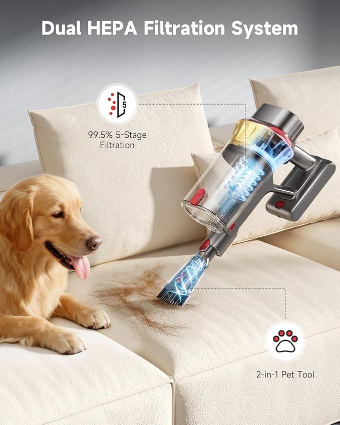 650W Cordless Vacuum Cleaner with 55KPa Flagship Suction, 75-Min Extended Runtime 2.5L Dual-Cup Capacity, Anti-Tangle Brush & Self-Standing Design HEPA Filtration for Furniture Carpet Pet Hair
