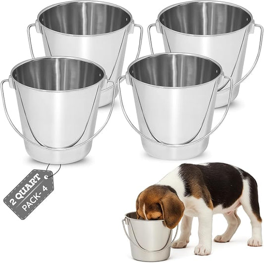 2 quart Heavy Duty Stainless Steel Round Bucket with Handle 4Pcs | 0.5gal Sturdy Food & Water Bowl for Small Birds Dog Cat & Livestock | Fits kennel Crate Cage Farm | Hanging Utility Pail