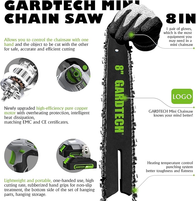GARDTECH Mini Chainsaw Cordless 8 Inch - Portable Electric Chainsaw Cordless Battery Powered, Handheld Small Chain Saw with 2-side Security Lock [Southpaws Friendly] for Wood Cutting, Pruning Branches