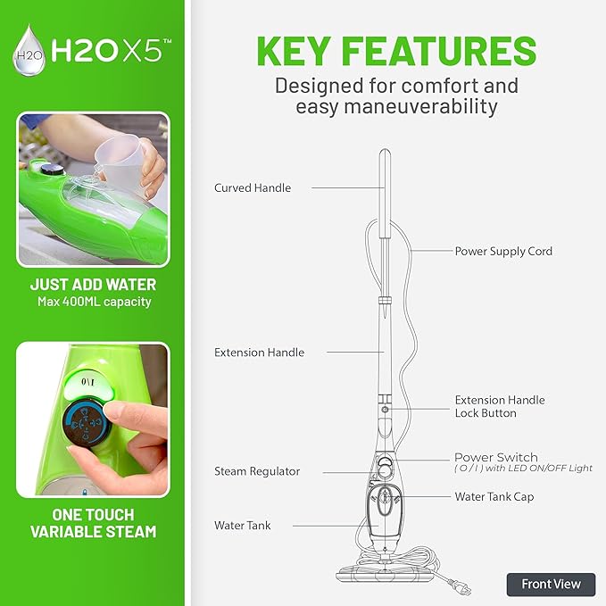 H2O X5 5-in-1 Multi-Purpose Steam Mop, Handheld Steam Cleaner, Adjustable Height, Removable Tank, Large Capacity, Rapid Heat Up, Steam Control, Lightweight, High Pressure