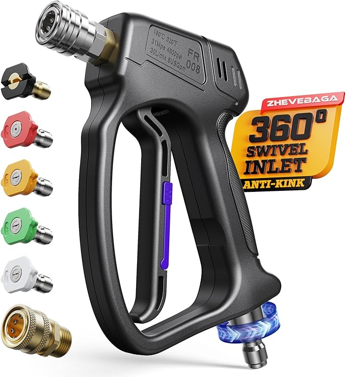 Short Pressure Washer Gun with Swivel 3/8" & M22-14mm Connect High Pressure Washer Handle with 5 Spray Nozzle, 1/4" Quick Connector Coupler Power Washer Gun Compatible with Foam Cannon