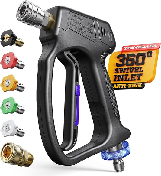 Short Pressure Washer Gun with Swivel 3/8" & M22-14mm Connect High Pressure Washer Handle with 5 Spray Nozzle, 1/4" Quick Connector Coupler Power Washer Gun Compatible with Foam Cannon