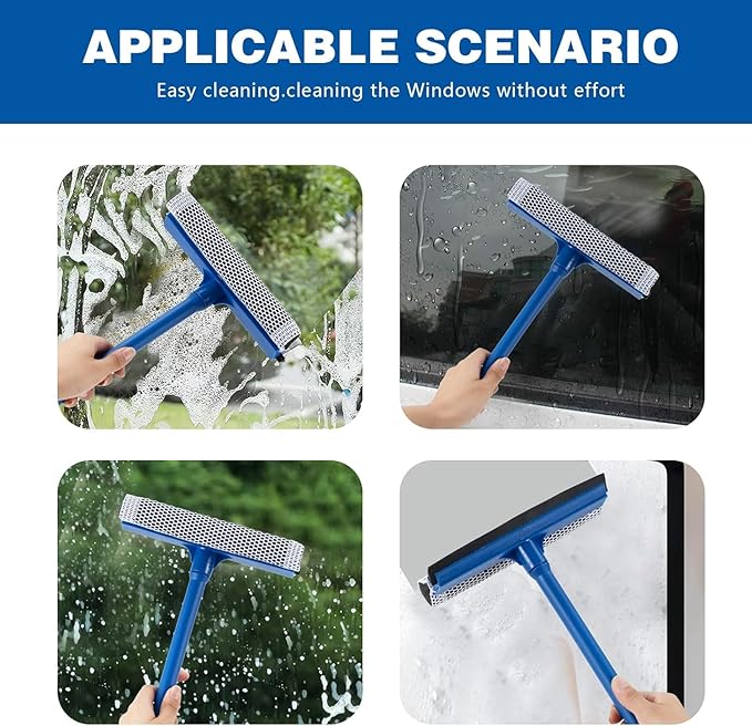 15.9" Window Squeegee for Car,2-in-1 Window Cleaner with Long Stainless Steel Handle, Soft Rubber Blade & Highly Absorbent Sponge – for Showers, Car Windshields, Gas Stations, and Glass