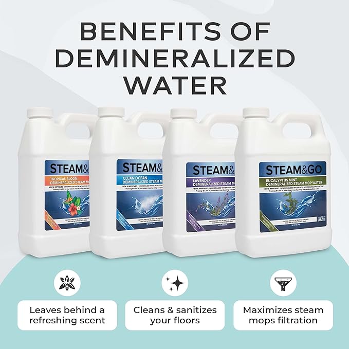 Steam and Go Demineralized Water Bundle - Multi-Surface Cleaning Solution for Steam Mop, Ready-to-Use Floor Cleaner, No PVC, Home & Office Use, Compatible w/Any Mop - Assorted Scents, 32oz, Pack of 4
