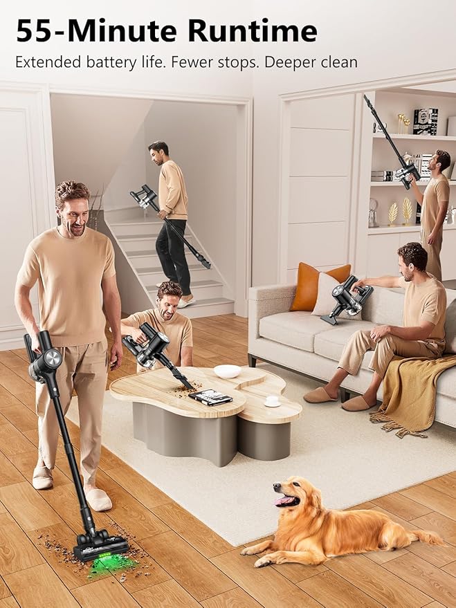 Cordless Vacuum Cleaner, 46Kpa/55 Mins Vacuum Cleaners for Home, Self-Standing Stick Vacuum with Rechargeable Dock,LED Display & Anti-Tangle,Lightweight Vacuum for Carpet,Floor (Pure Black)
