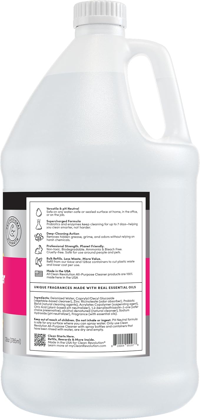 Clean Revolution SuperCharged All Purpose Cleaner Refill with Smart Probiotic + Enzyme Complex, Multi-Surface Kitchen Bathroom & Floor Cleaner, Dreamy Citrus, 128 Fl Oz