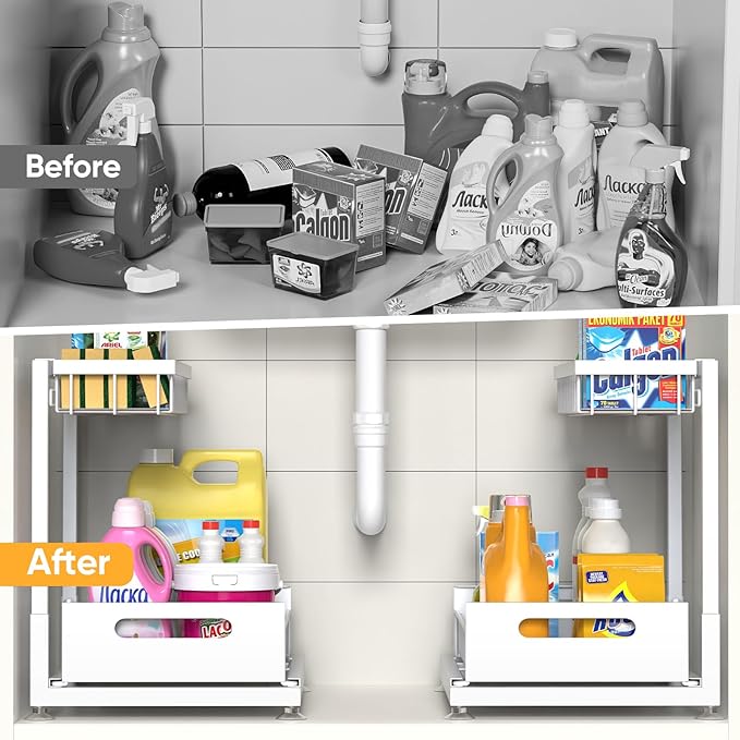 Under Sink Organizer Storage 2-Tier Premium Metal Pull-Out Kitchen Cabinet Organizer with Sliding Drawer, Height Adjustable, Heavy Duty for Kitchen & Bathroom Organizers 1 Pack White