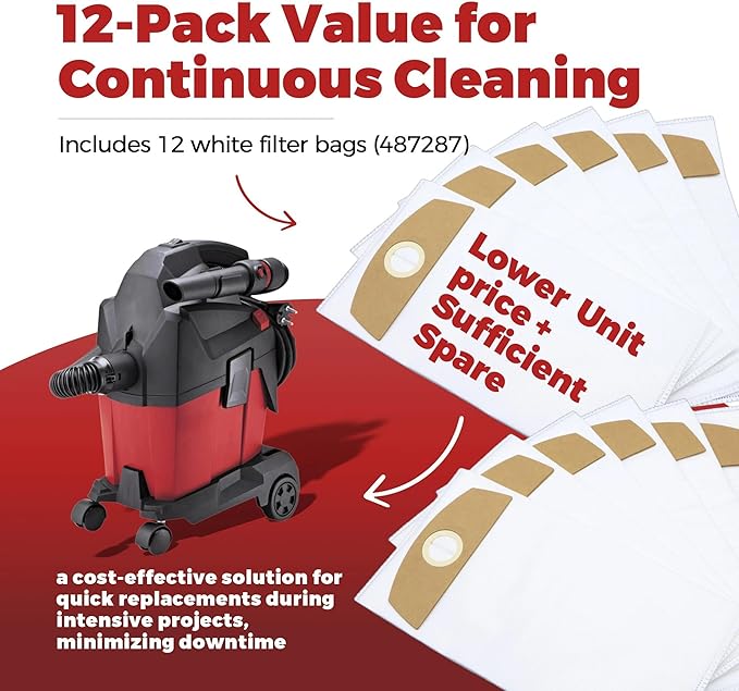 12-Pack Wet/Dry Dust Bags for FLEX 24V Brushless Wet/Dry Vacuum | Filter Bags Compatible with FLEX VC 6L MC & VC 6L MC 18.0 | Vacuum Cleaner Replacement Bags 487287