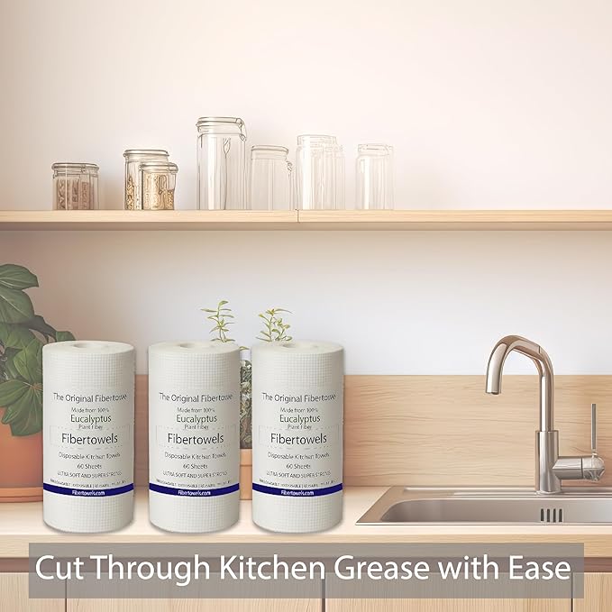 3 Pack Fibertowels Disposable Kitchen Towels Rolls XL 12" x 10", Ultrasoft & Super Strong, Eucalyptus Plant-Based Highly Absorbent Kitchen & Bathroom Cleaning Sheets 180ct