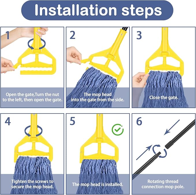 Loop-End Mop Head Replacement, 6 Pack – Commercial & Industrial Mop Heads with 1.25" Headband, Cotton Blend, Machine Washable Blue Mop Refills for Floor Cleaning