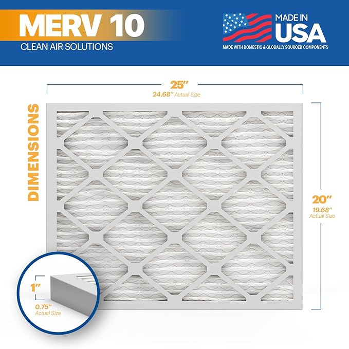 BNX TruFilter 20x25x1 MERV 10 (6-Pack) AC Furnace Air Filter - MADE IN USA - Pleated Air Conditioner HVAC AC Furnace Filters - Removes Odor, Mold, Bacteria, Smoke