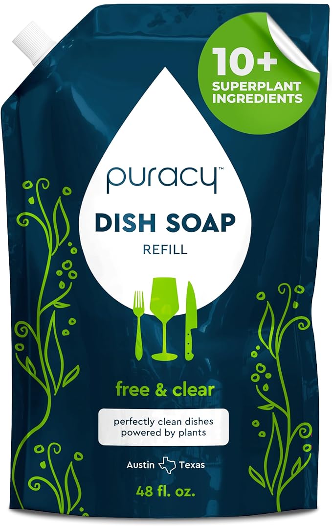 Puracy Natural Dish Soap Refill - Skin-Softening Plant-Based Liquid Dishwashing Detergent Soap, Clean-Rinsing Water-Sheeting Formula (Free & Clear, 48 fl oz)