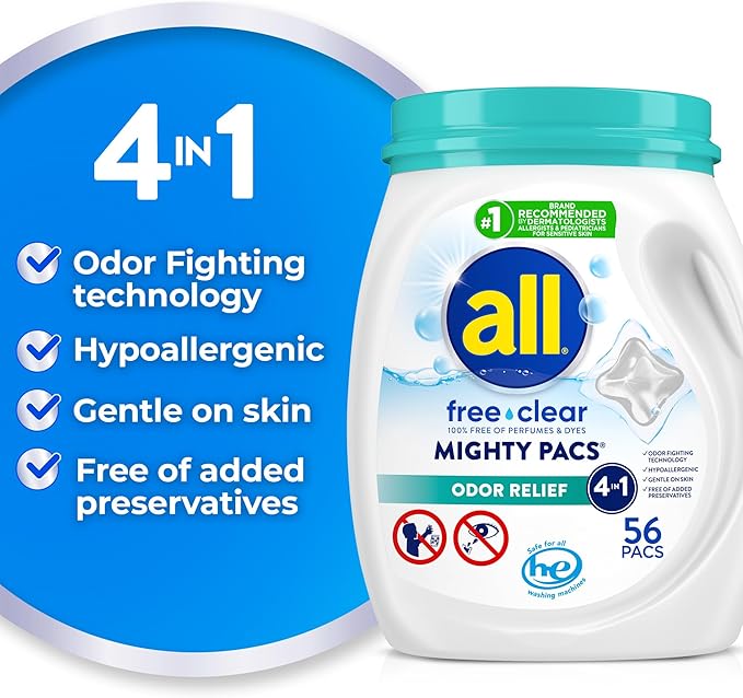 All Mighty Pacs Laundry Detergent Free Clear Odor Relief, Tub, 56 Count