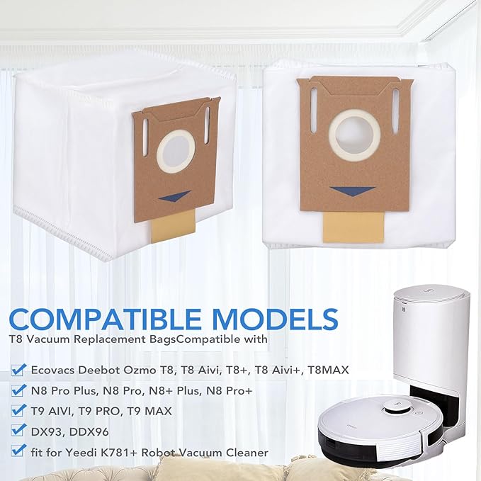 T8 Dust bags for Ecovacs Deebot Ozmo T8/ T8+/ T8 AIVI/ N8 Pro Plus/ N8 Pro/ DX93/ DDX96 Vacuum Cleaner - Fit for Yeedi K781+ Vacuum Bags/ 2.5L Auto-Empty Station Garbage Collection - 6 Pack