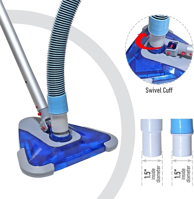 POOLWHALE Professional 1-1/2-Inch x 24-Feet Swimming Pool Vacuum Hoses with Swivel Cuff and Triangular Weighted Flex Vacuum Head, Perfect for Above Ground and Small Inground Pools