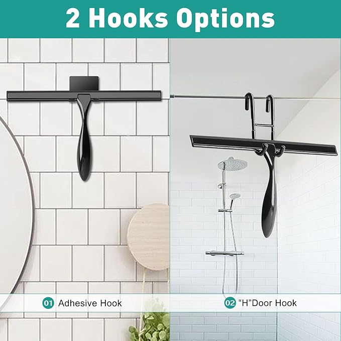 Shower Squeegee for Glass Doors,10-Inch Shower Glass Squeegee, Matte Black Shower Squeegee for Shower Doors,Mirror,Windows, with Shower Door Hook and Adhesive Hook
