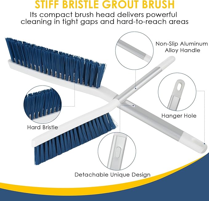 3 Pack Shower Scrub Brush Set - Detachable Stiff Bristle Grout Cleaner Brush, 2-in-1 Shower Glass Squeegee with Replacement Sponges, Scrubbing Brushes for Cleaning Bathroom, Bathtub, Gaps, Tile, Sink