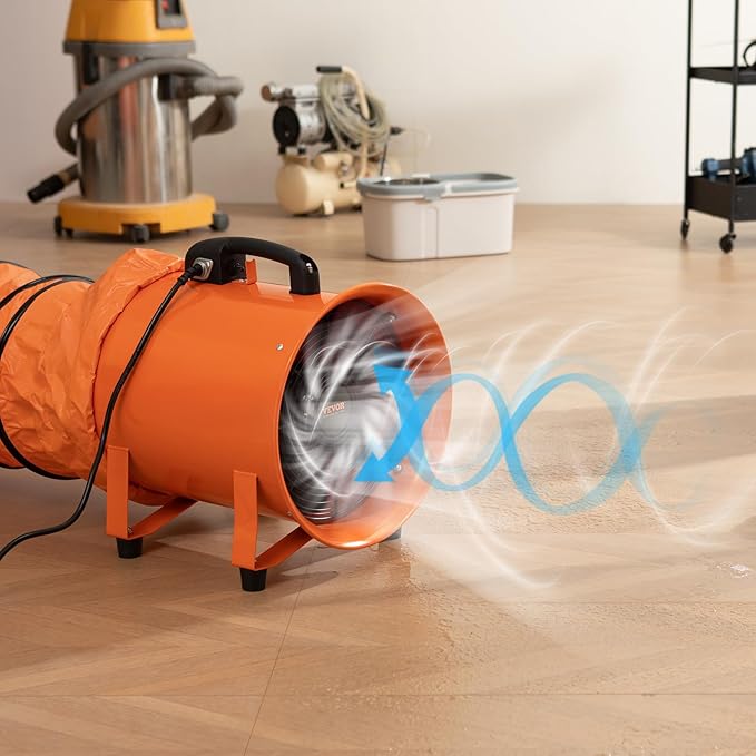 VEVOR Air Mover Blower Fan 8 Inch, 1070CFM 195W with 16.4ft Flexible Duct, Industrial Portable Ventilator Blower/Exhaust, Orange